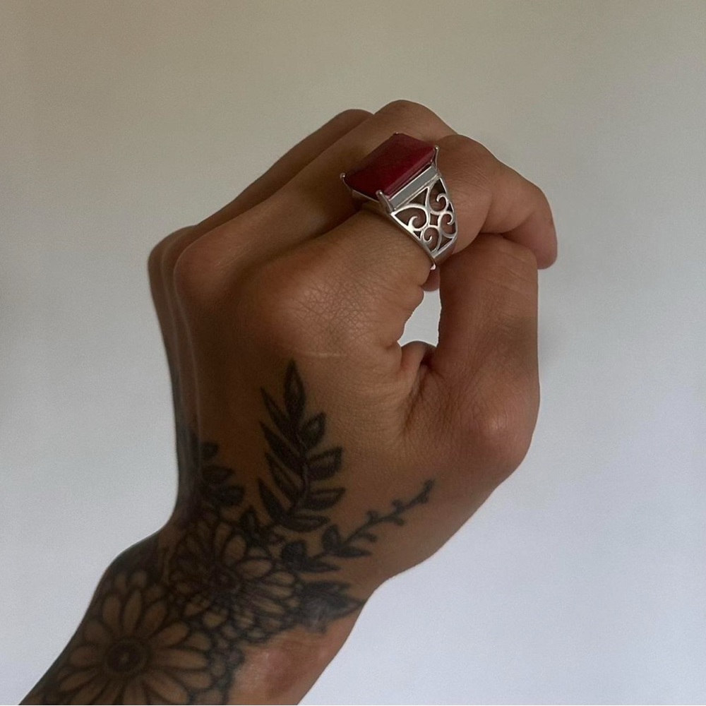 Vintage 925 Silver Emerald Cut Ruby Filligree Ring - image 2